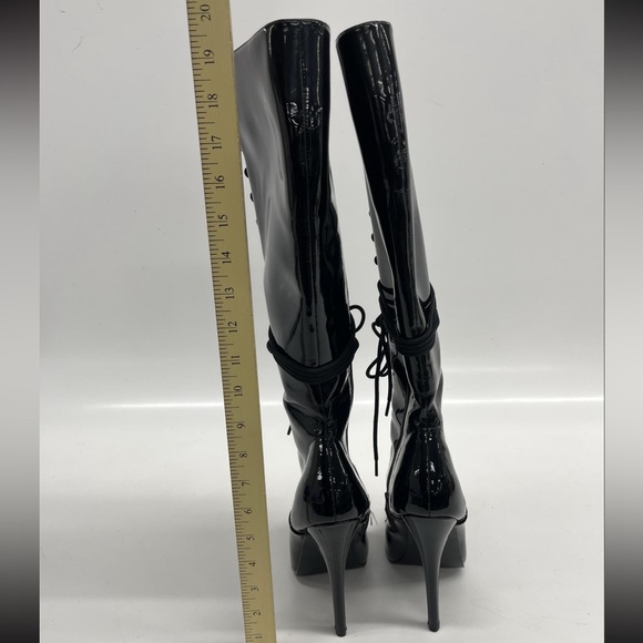 NWOT Devious Domina 2020 Knee High Black Patent Leather Lace-Up Boots  10M - Picture 4 of 7